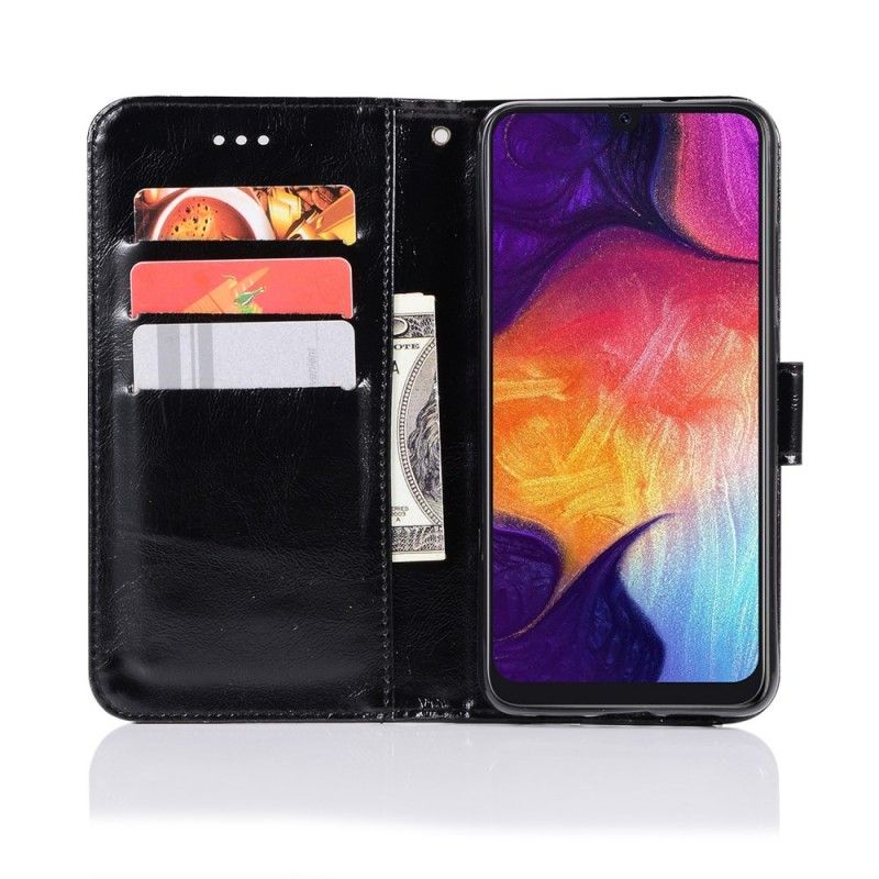 Folio Deksel Samsung Galaxy A70 Svart Vintage Skinneffekt Med Stropp Beskyttelse