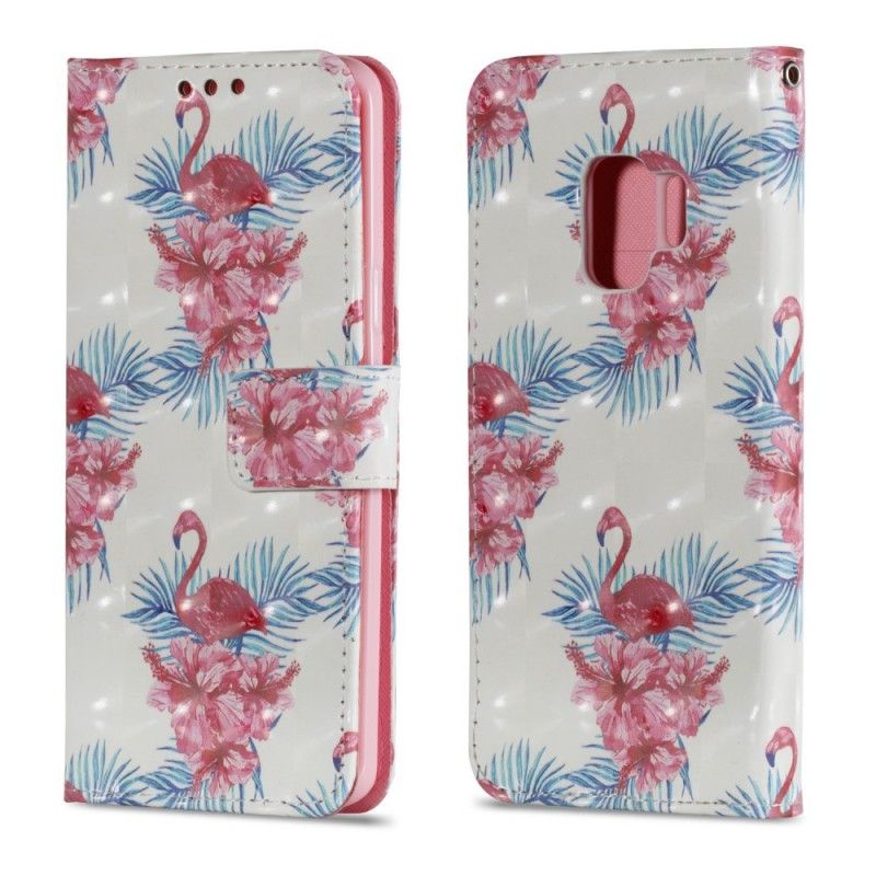 Lærdeksel Folio Deksel Samsung Galaxy S9 Hvit Flere Flamingoer