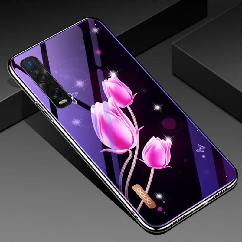 Deksel for Oppo Find X2 Pro Magenta Herdet Glass Og Blomstersilikon