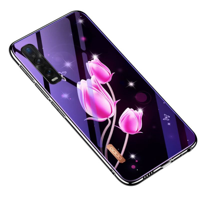 Deksel for Oppo Find X2 Pro Magenta Herdet Glass Og Blomstersilikon