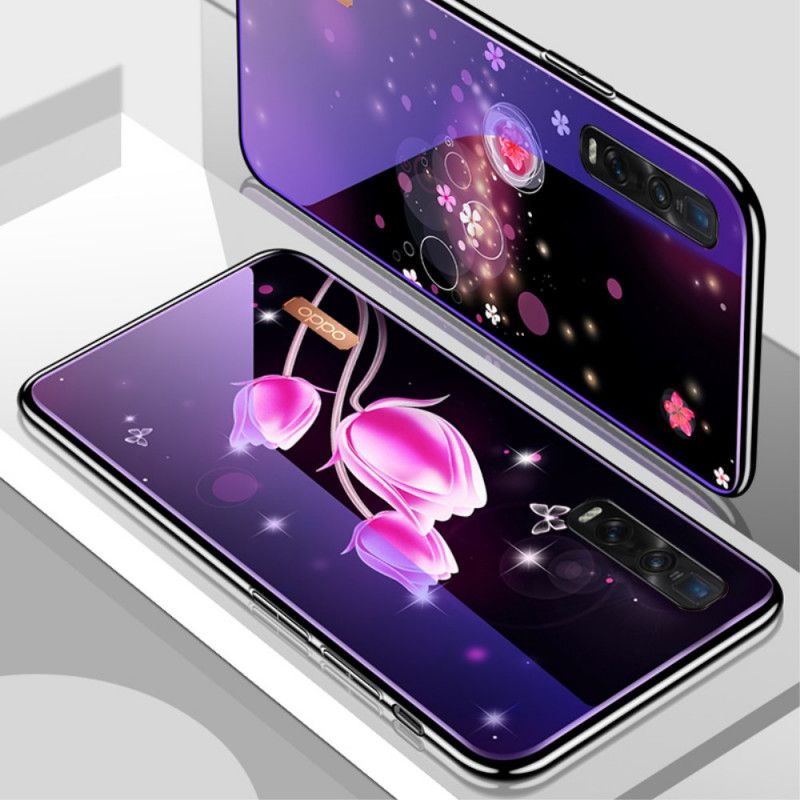 Deksel for Oppo Find X2 Pro Magenta Herdet Glass Og Blomstersilikon