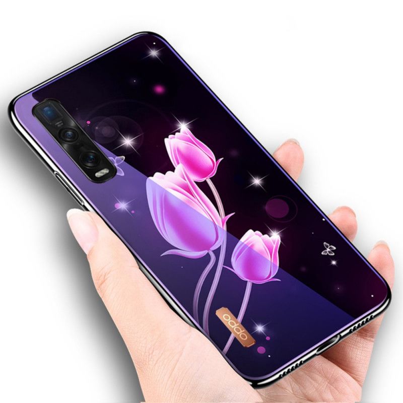 Deksel for Oppo Find X2 Pro Magenta Herdet Glass Og Blomstersilikon