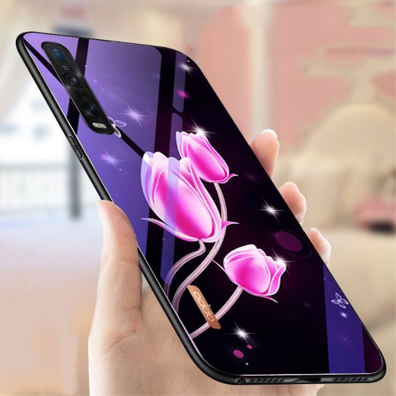 Deksel for Oppo Find X2 Pro Magenta Herdet Glass Og Blomstersilikon