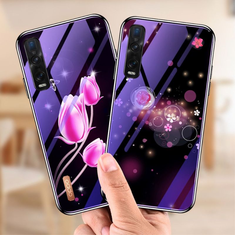 Deksel for Oppo Find X2 Pro Magenta Herdet Glass Og Blomstersilikon