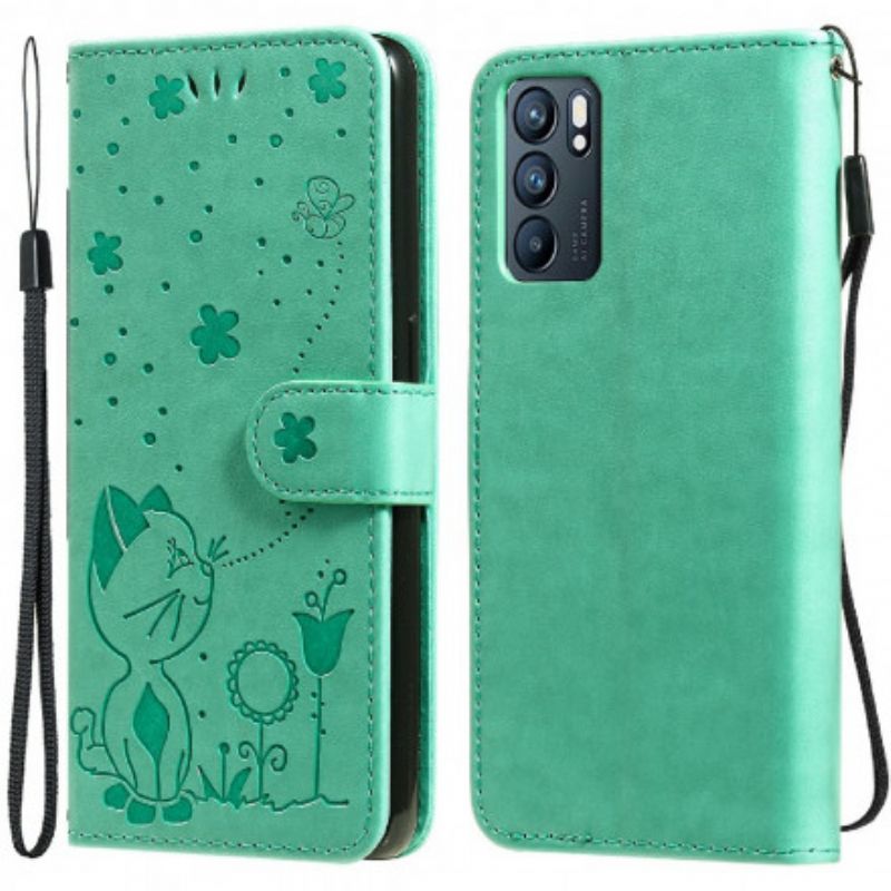 Folio Deksel Oppo Reno 6 5g Cat And Bee Thong Beskyttelse Deksel