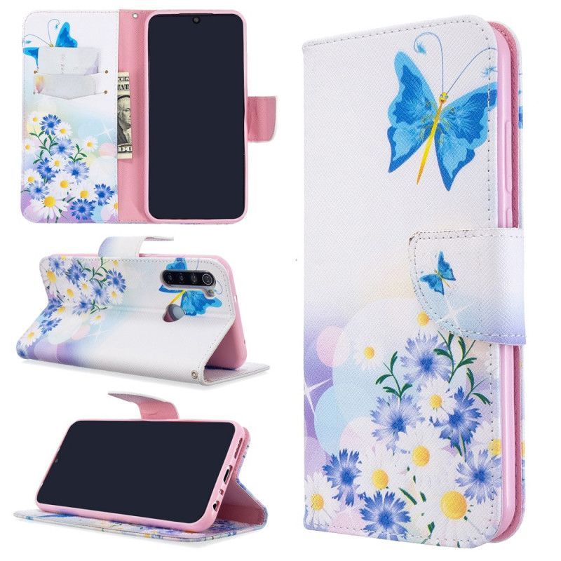 Folio Deksel Xiaomi Redmi Note 8T Magenta Malte Sommerfugler Og Blomster Beskyttelse