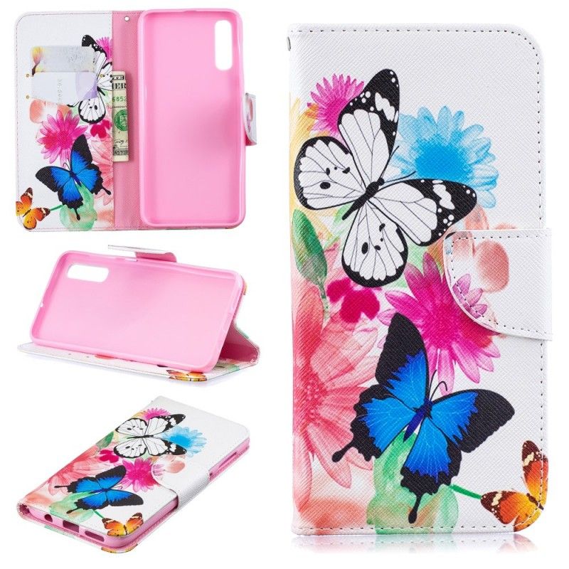 Folio Deksel for Samsung Galaxy A50 Rosa Malte Sommerfugler Og Blomster