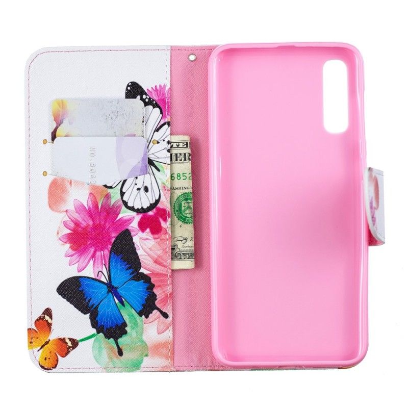 Folio Deksel for Samsung Galaxy A50 Rosa Malte Sommerfugler Og Blomster