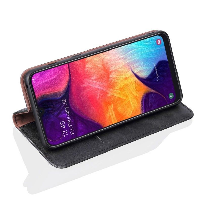 Folio Deksel for Samsung Galaxy A50 Svart Sydd Skinneffekt