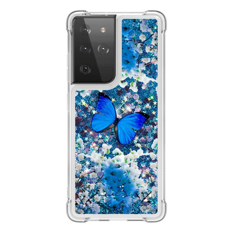 Deksel for Samsung Galaxy S21 Ultra 5G Blå Glitter Sommerfugler