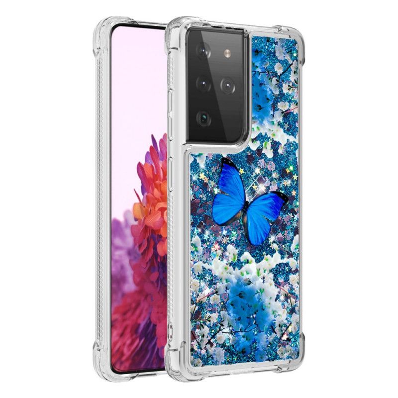 Deksel for Samsung Galaxy S21 Ultra 5G Blå Glitter Sommerfugler