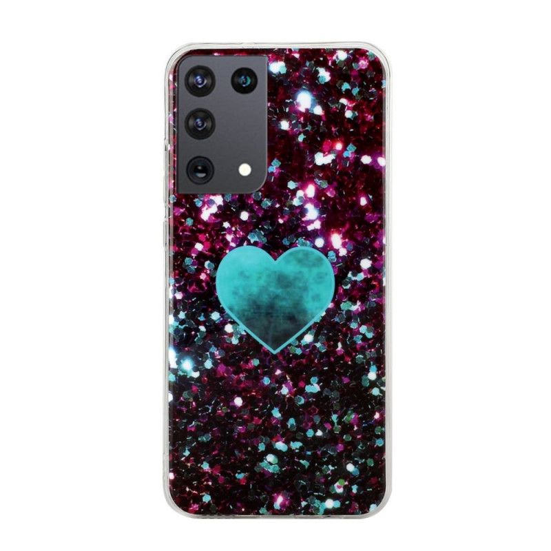 Deksel Samsung Galaxy S21 Ultra 5G Svart Glitter Marmor Hjerte