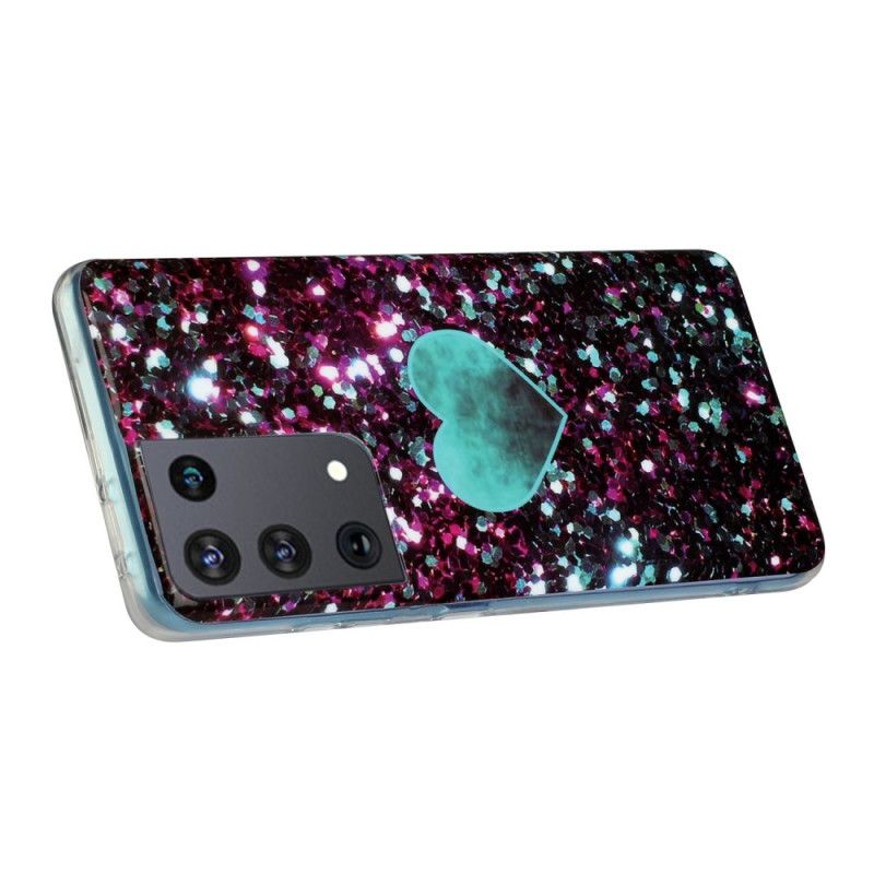 Deksel Samsung Galaxy S21 Ultra 5G Svart Glitter Marmor Hjerte