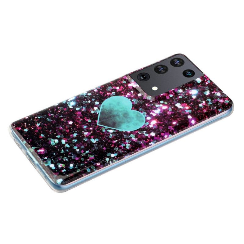 Deksel Samsung Galaxy S21 Ultra 5G Svart Glitter Marmor Hjerte