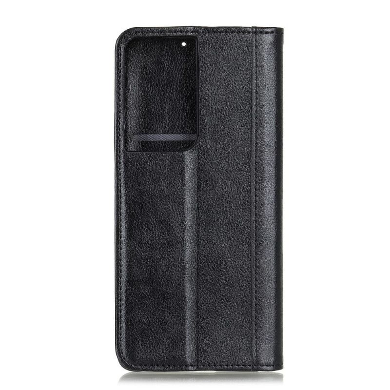 Folio Deksel for Samsung Galaxy S21 Ultra 5G Svart Elegant Splittet Lychee-Lær