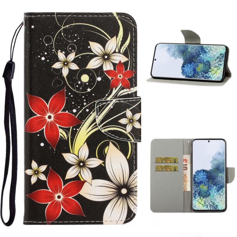 Folio Deksel for Samsung Galaxy S21 Ultra 5G Svart Fargerike Blomster Med Tanga