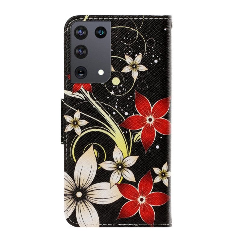 Folio Deksel for Samsung Galaxy S21 Ultra 5G Svart Fargerike Blomster Med Tanga