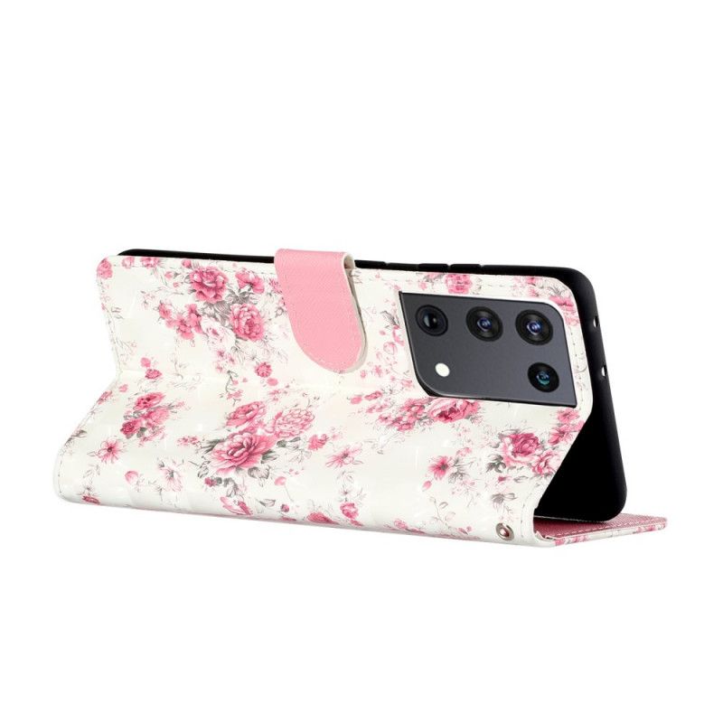 Folio Deksel Samsung Galaxy S21 Ultra 5G Blomster Lette Flekker Med Stropp