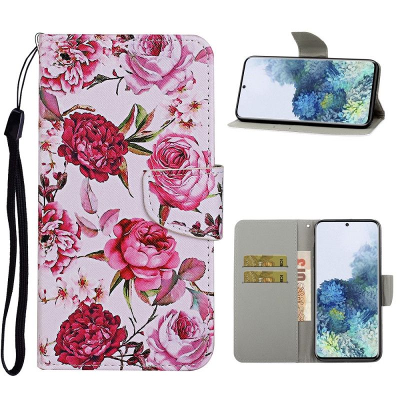 Folio Deksel Samsung Galaxy S21 Ultra 5G Magenta Mesterlige Blomster Med Tanga Anti-fall