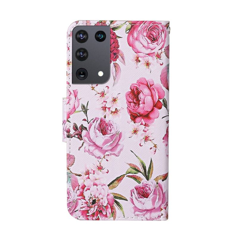 Folio Deksel Samsung Galaxy S21 Ultra 5G Magenta Mesterlige Blomster Med Tanga Anti-fall