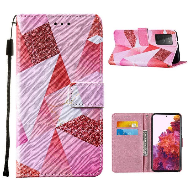 Folio Deksel Samsung Galaxy S21 Ultra 5G Magenta Trekanter Og Glitter Beskyttelse