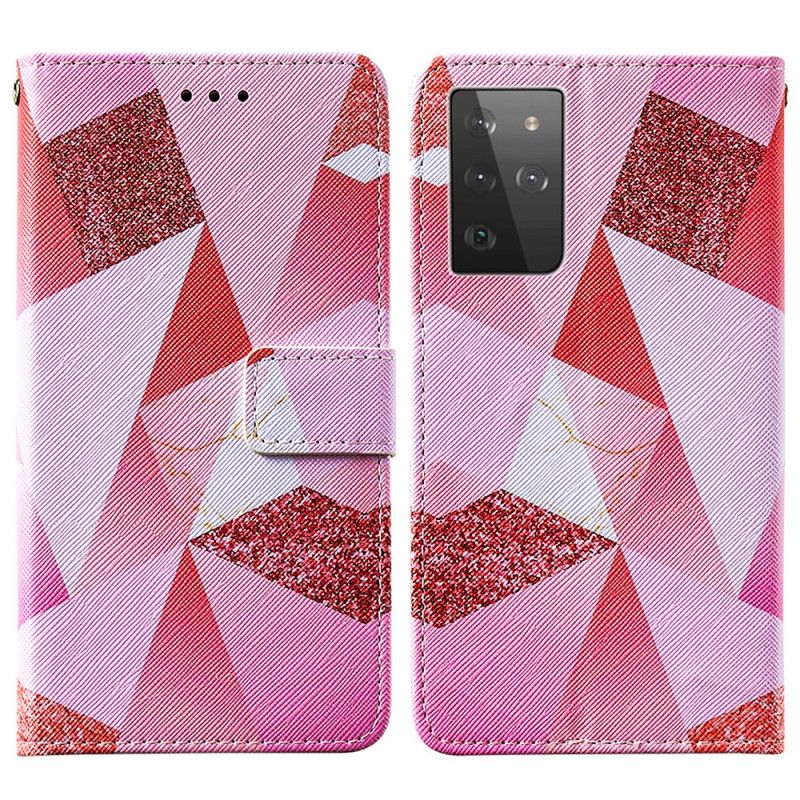 Folio Deksel Samsung Galaxy S21 Ultra 5G Magenta Trekanter Og Glitter Beskyttelse