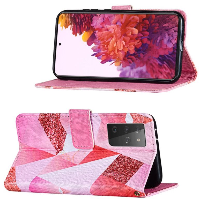 Folio Deksel Samsung Galaxy S21 Ultra 5G Magenta Trekanter Og Glitter Beskyttelse