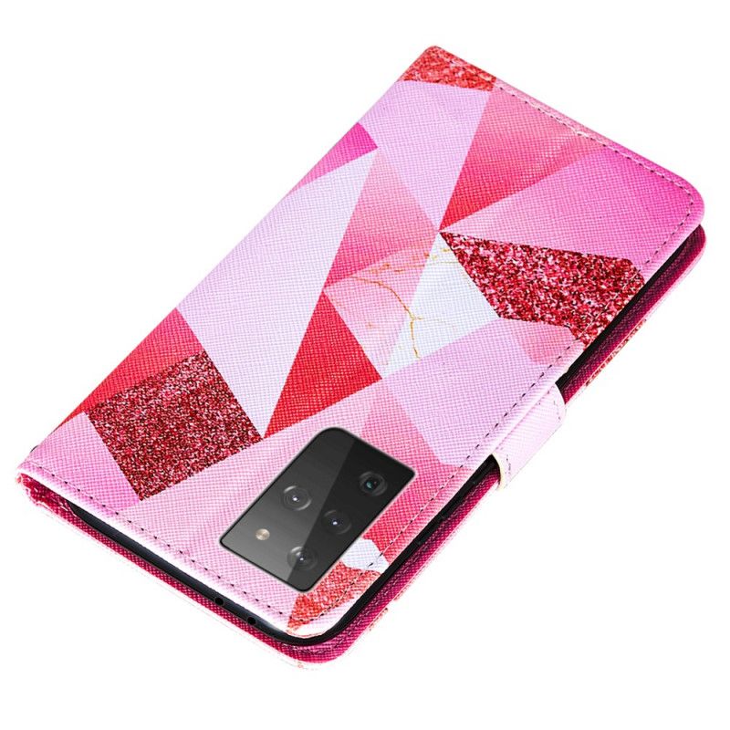 Folio Deksel Samsung Galaxy S21 Ultra 5G Magenta Trekanter Og Glitter Beskyttelse