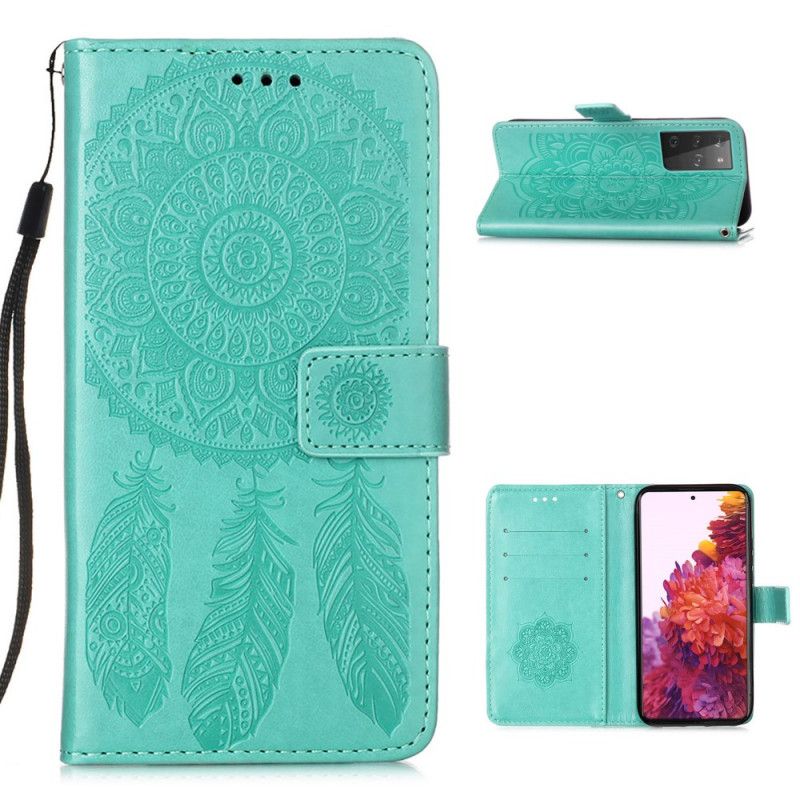 Folio Deksel Samsung Galaxy S21 Ultra 5G Svart Dreamcatcher-Trykk Og Stropp