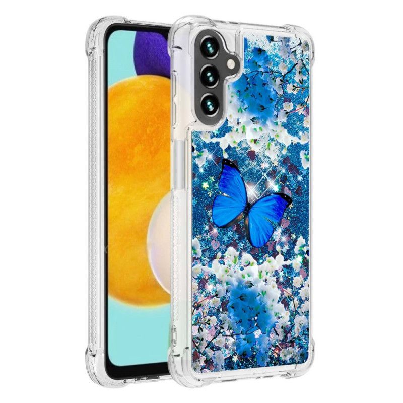 Deksel Til Samsung Galaxy A13 5g Blå Glittersommerfugler