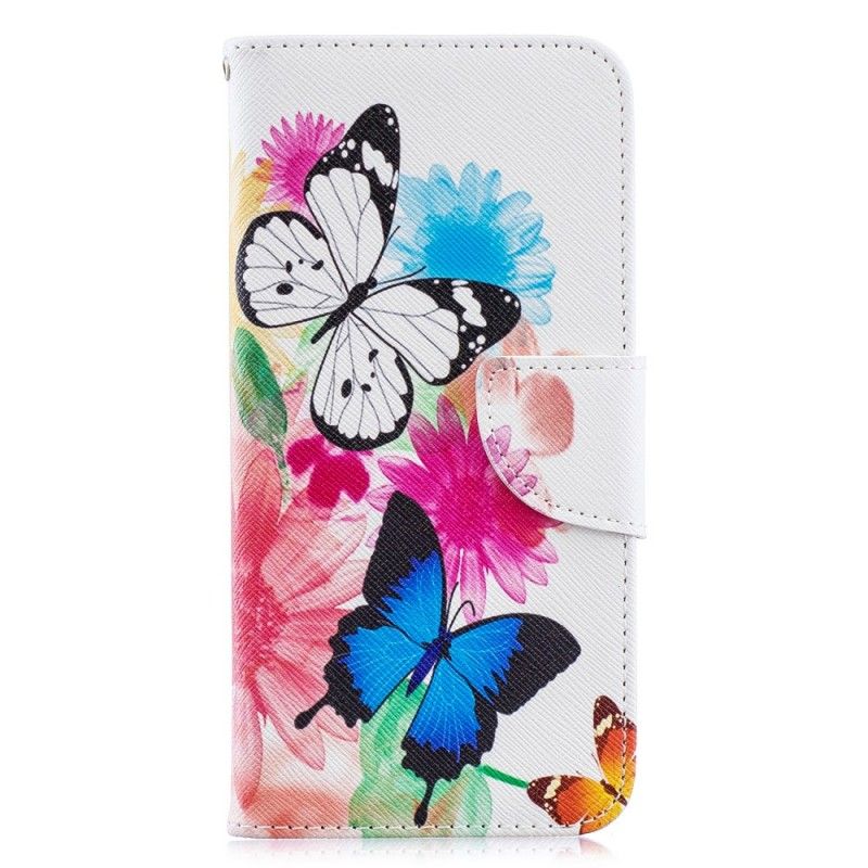 Folio Deksel Huawei Y6 2019 Magenta Malte Sommerfugler Og Blomster Anti-fall