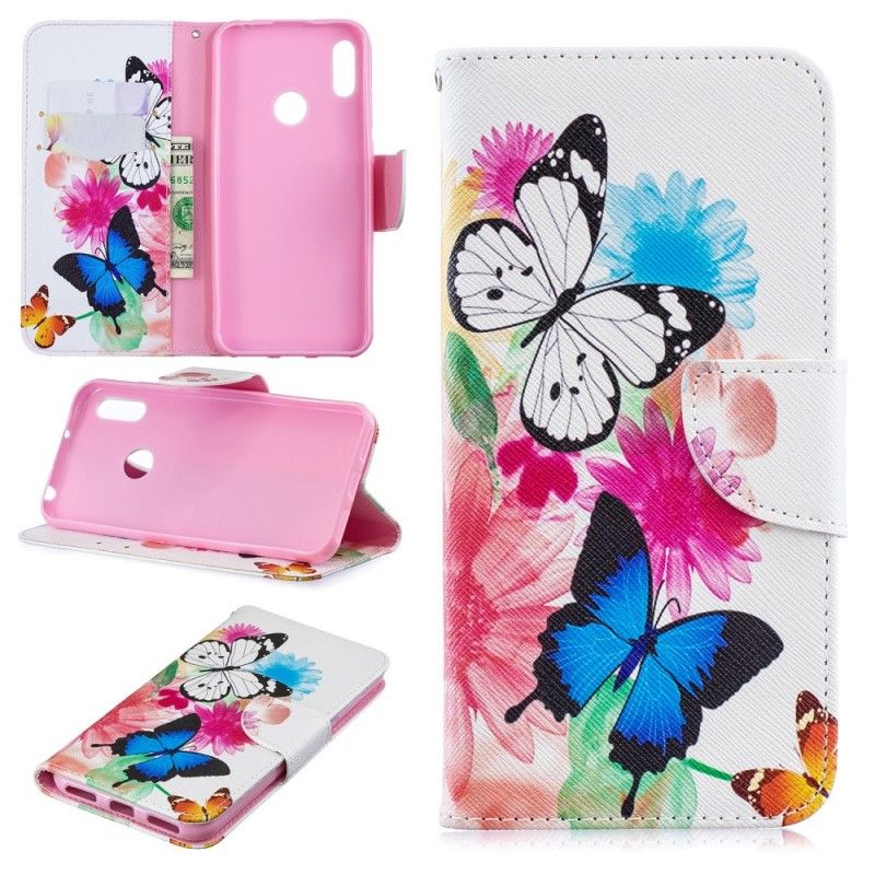 Folio Deksel Huawei Y6 2019 Magenta Malte Sommerfugler Og Blomster Anti-fall