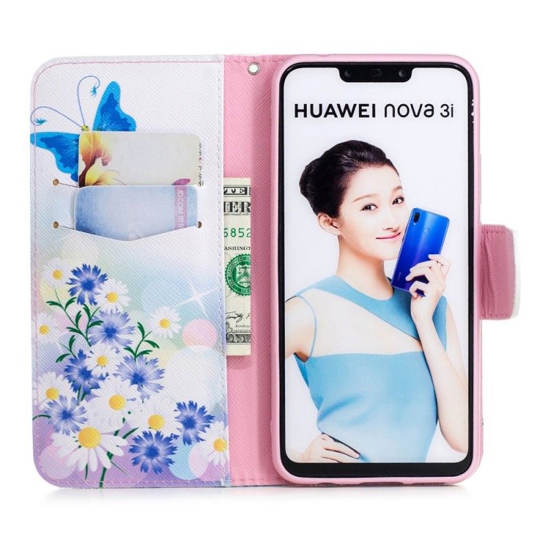 Folio Deksel Huawei P Smart Plus Magenta Malte Sommerfugler Og Blomster