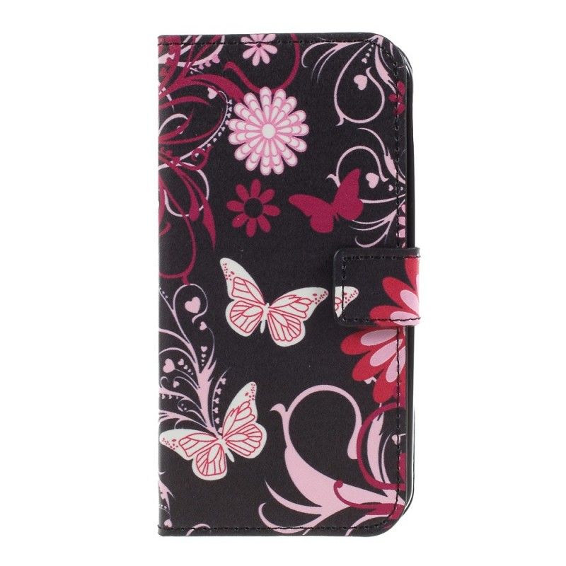 Folio Deksel Samsung Galaxy XCover 4S / 4 Svart Sommerfugler Og Blomster