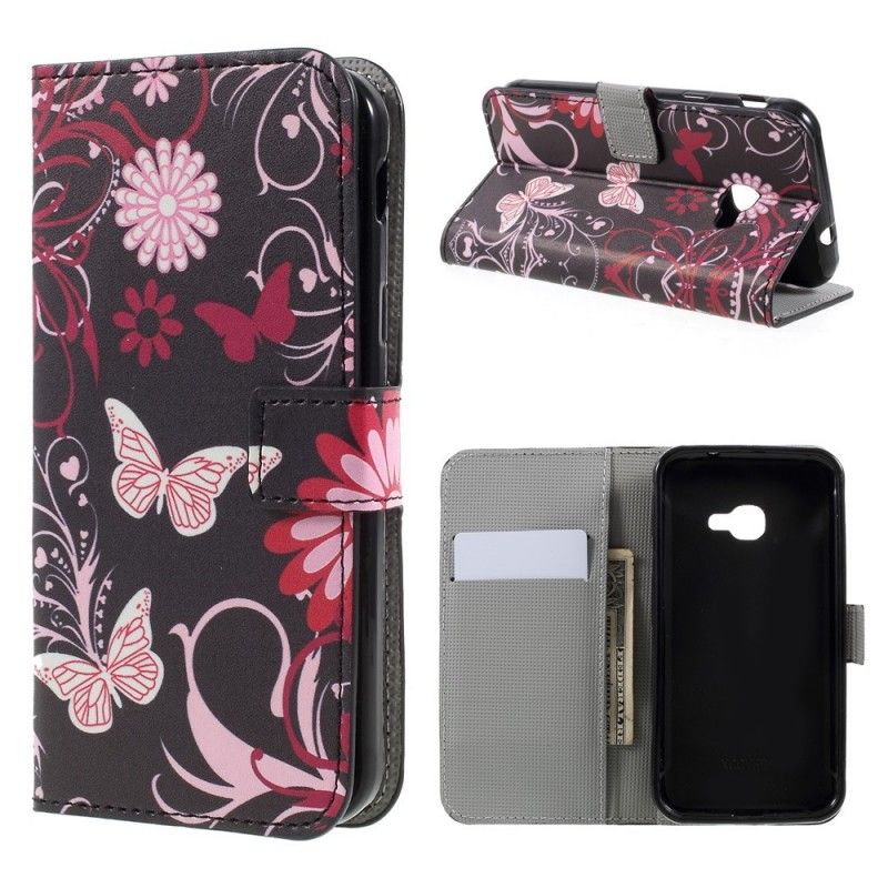 Folio Deksel Samsung Galaxy XCover 4S / 4 Svart Sommerfugler Og Blomster