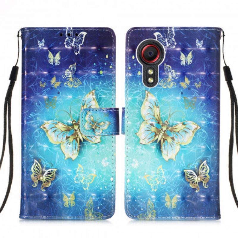 Folio Deksel Samsung Galaxy Xcover 5 Gold Butterflies Lanyard Beskyttelse Deksel