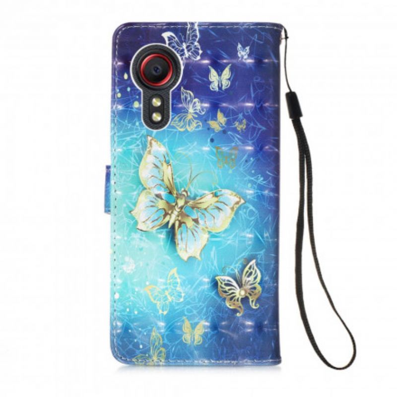 Folio Deksel Samsung Galaxy Xcover 5 Gold Butterflies Lanyard Beskyttelse Deksel