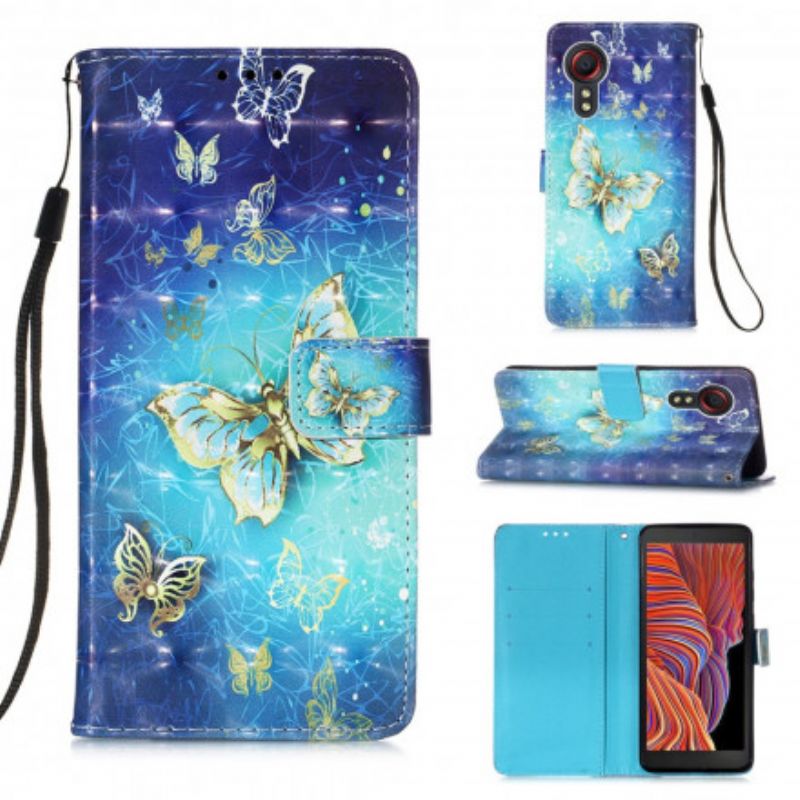 Folio Deksel Samsung Galaxy Xcover 5 Gold Butterflies Lanyard Beskyttelse Deksel