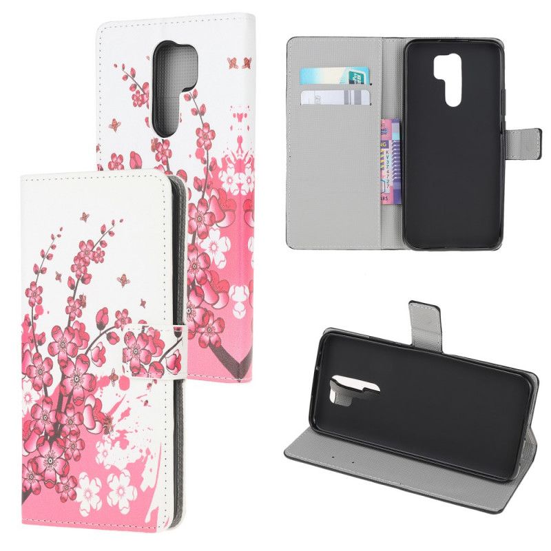 Folio Deksel Xiaomi Redmi 9 Magenta Tropiske Blomster