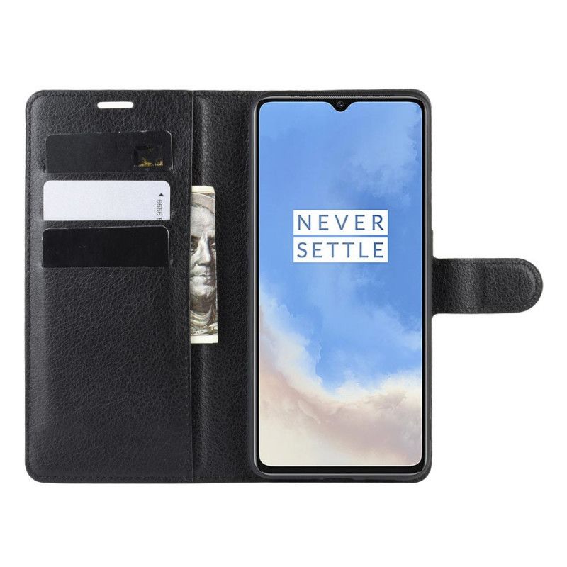 Folio Deksel OnePlus 7T Svart Premium Lychee-Skinnstil