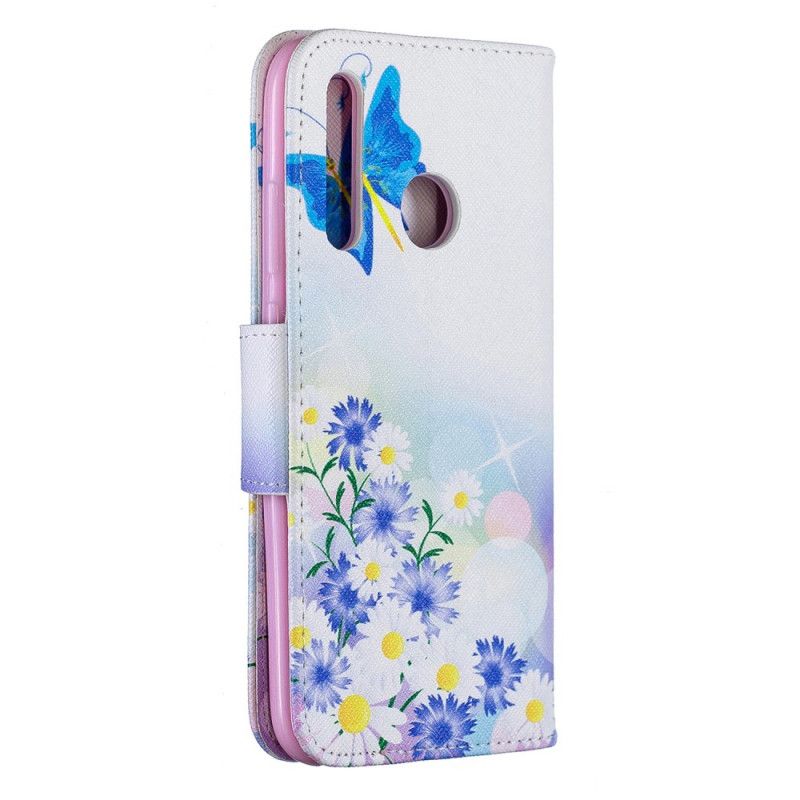 Lærdeksel Folio Deksel Huawei P Smart Plus 2019 Rosa Malte Sommerfugler Og Blomster