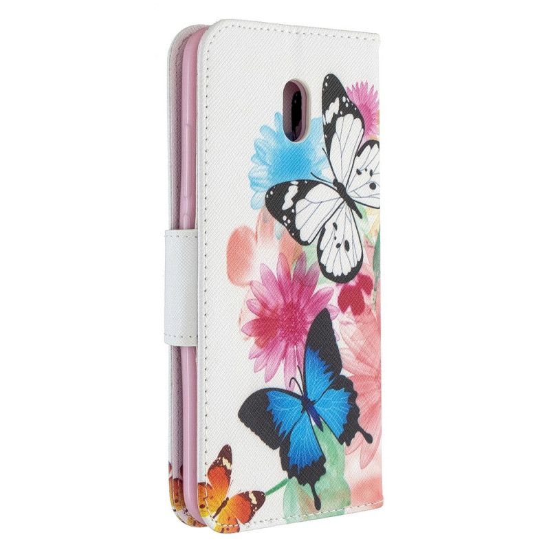 Lærdeksel Folio Deksel Xiaomi Redmi 8A Mobildeksel Malte Sommerfugler Og Blomster