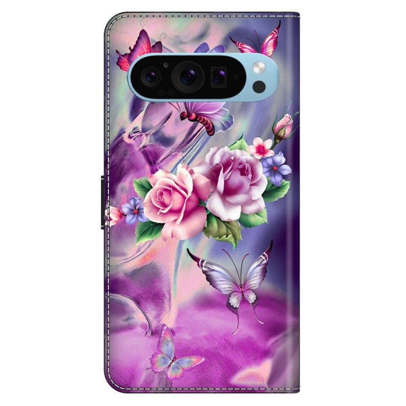 Folio Deksel Google Pixel 9 Pro Xl Lilla Sommerfugler Og Blomster