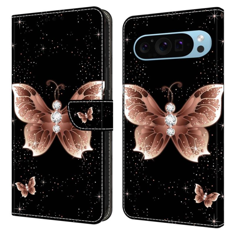 Lærdeksel Folio Deksel Google Pixel 9 Pro Xl Mobildeksel Rosa Diamant Sommerfugl