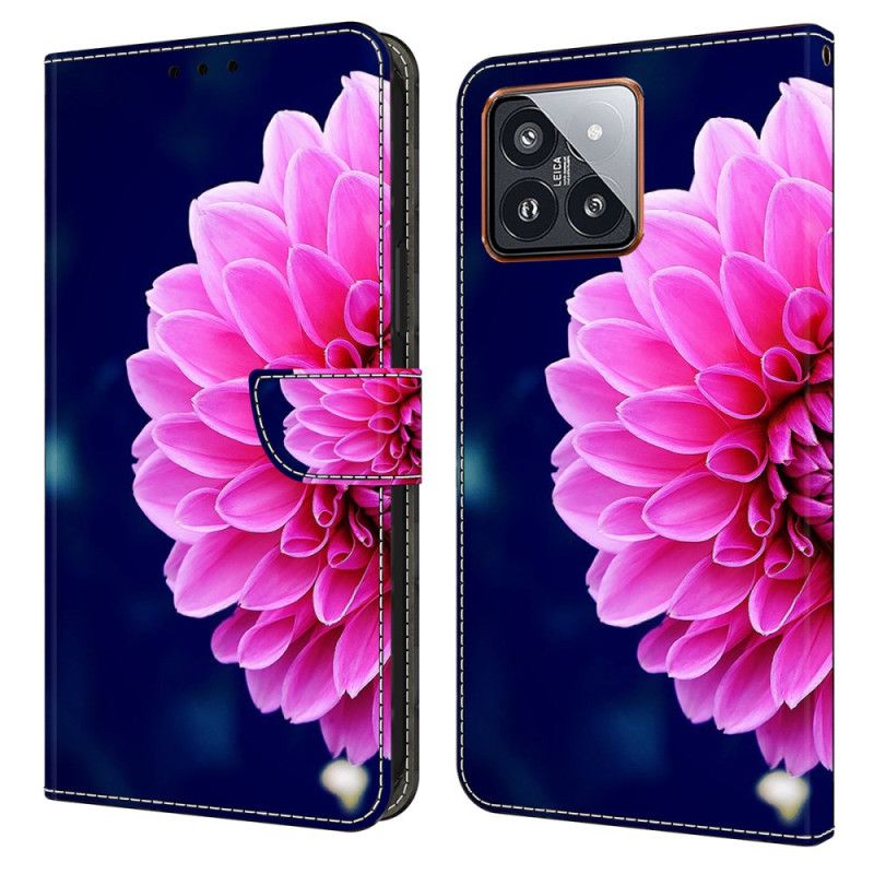 Folio Deksel Til Xiaomi 14 Pro Rosa Blomst På Blå Bakgrunn