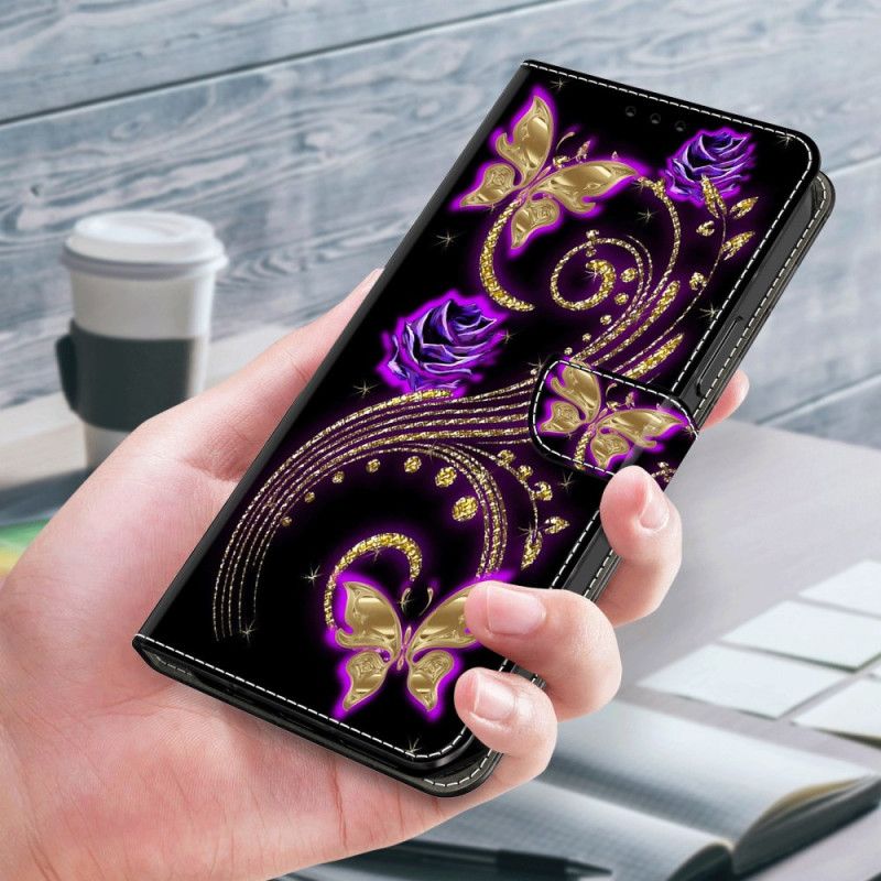 Folio Deksel Xiaomi 14 Pro Fiolette Blomster Og Sommerfugler