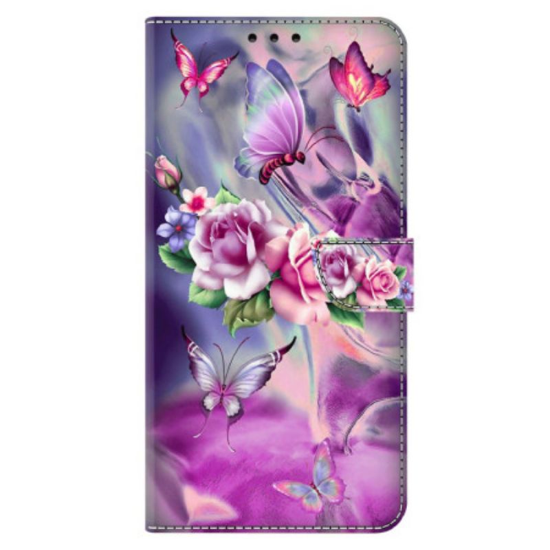 Folio Deksel Xiaomi 14 Pro Lilla Sommerfugler Og Blomster