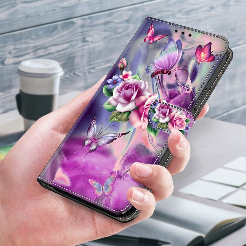 Folio Deksel Xiaomi 14 Pro Lilla Sommerfugler Og Blomster