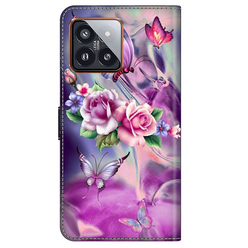 Folio Deksel Xiaomi 14 Pro Lilla Sommerfugler Og Blomster