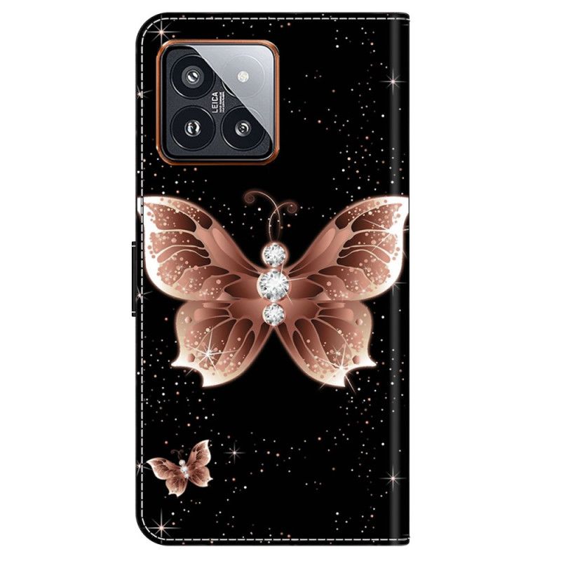 Folio Deksel Xiaomi 14 Pro Rosa Diamant Sommerfugl Beskyttelse Deksel